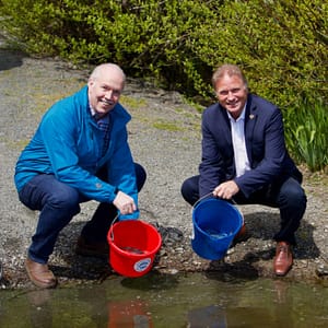 Premier, Mayor, Children Help Restock Trout at Langford’s Glen Lake