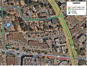 A map shows a detour route as a water main replacement affects traffic on GoldStream Avenue in Langford